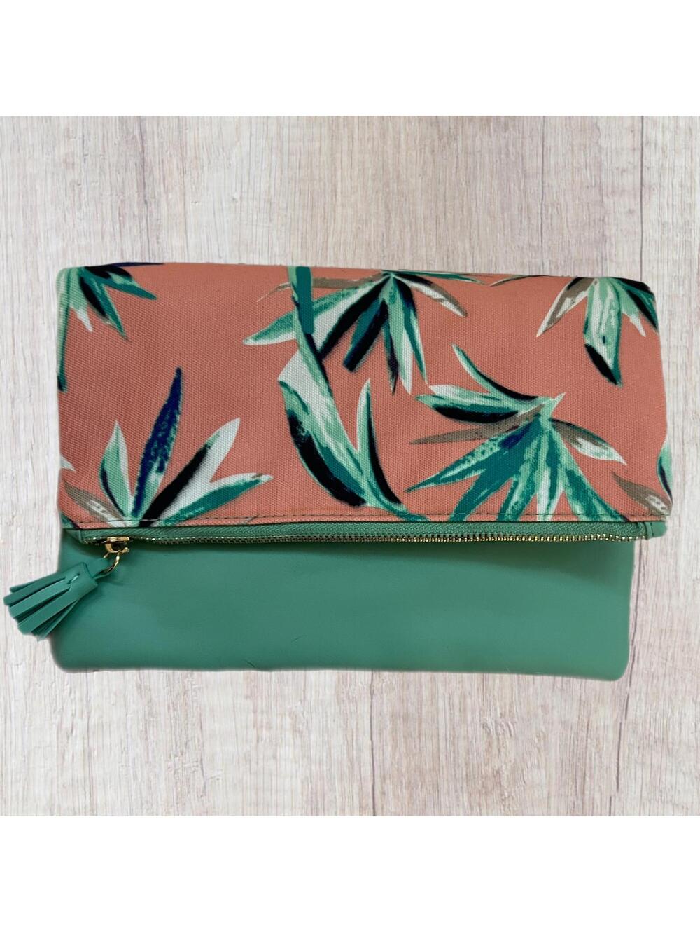 Rachel Pally Foldover Clutch Bag with Tropical Print and Mint Green Faux Leather